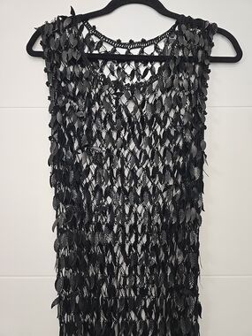 Vintage Unbranded Black Crochet Mesh Net Leaf Tunic Dress Cover-Up Avant Garde